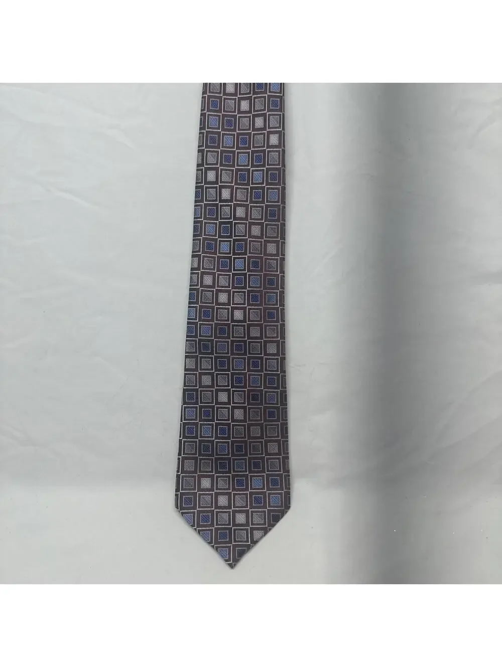 Pronto Uomo Necktie Mens OS Burgundy Blue Silver Geometric Square Silk Hand Made